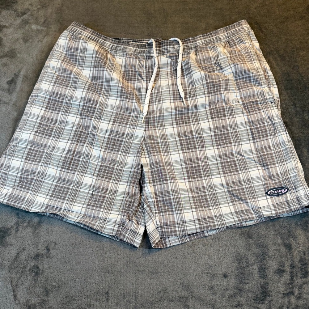 Chaps Plaid Swim Trunks Grey White Tan Mesh Lined Board‎ Shorts Mens Size XL 38"